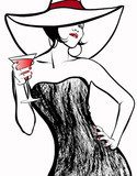 Woman with a hat drinking a cocktail  Drawn Sketch Fototapeta