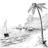 Sea beach, boat and palm tree vector sketch  Drawn Sketch Fototapeta