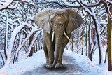 Elephant walking in snowy park scenery  Zwierzęta Fototapeta