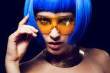 Portrait of beautiful girl with blue hair and glasses  Ludzie Plakat