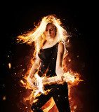 Burning girl with flaming guitar on black background  Ludzie Plakat