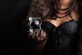 woman wearing corset and fur and holding vintage camera  Ludzie Plakat