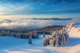 Winter sunrise over the clouds with fir full of snow  Pejzaże Plakat