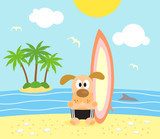 Summer background with funny  dog surfer  Plakaty do Pokoju dziecka Plakat