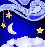 paper night, smiling moon, stars and clouds  Plakaty do Pokoju dziecka Plakat