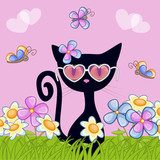 Czarny kociak wśród kwiatów Fototapety do Pokoju Dziewczynki Fototapeta