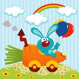 rabbit by car from carrots - vector illustration  Fototapety do Pokoju Chłopca Fototapeta