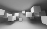 Abstract white interior with flying cubes. 3d render  Optycznie Powiększające Fototapeta