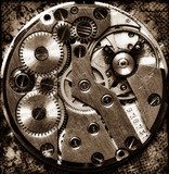 Close up view of vintage clock's gears  Fototapety Sepia Fototapeta