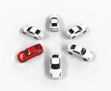 Red car among many white cars - top view  Pojazdy Obraz