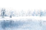 Vector of winter scene with river and forest background.  Styl skandynawski Fototapeta