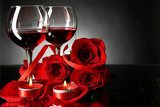 Composition with red wine in glasses, red rose and decorative  Obrazy do Kuchni  Obraz