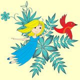 Flying little girl and magical red bird  Obrazy do Pokoju Dziecka Obraz