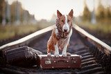 English bull terrier on rails with suitcases.  Zwierzęta Plakat