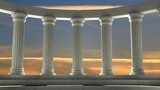 Ancient marble pillars in elliptical arrangement with orange sky Styl Klasyczny Fototapeta