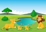 Cartoon lion family near watering hole Fototapety do Przedszkola Fototapeta