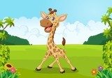 Cute giraffe cartoon with beautiful landscape Fototapety do Przedszkola Fototapeta