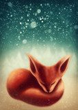 Fox sleeping in winter forest Zwierzęta Plakat