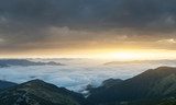 Mountain panorama during sunrise. Beautiful natural panoramic landscape in the summer time Fototapety Góry Fototapeta
