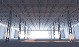 Abstract illuminated white stage inside of industrial building 3d illustration Industrialne Fototapeta