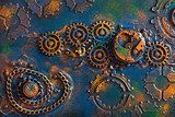 handmade steampunk background mechanical cogs wheels Industrialne Fototapeta