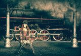 Steampunk and retro-futurism style. Woman traveler Industrialne Fototapeta