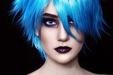 Close-up portrait of yound beautiful woman in blue cosplay wig Obrazy do Salonu Fryzjerskiego Obraz