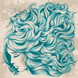 face girl with long hair, beautiful hairstyle with blue curls Obrazy do Salonu Fryzjerskiego Obraz