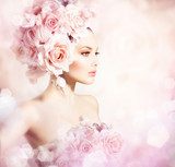 Fashion Beauty Model Girl with Flowers Hair. Bride  Kwiaty Plakat