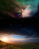 Countryside sunset landscape with planets in night sky Elements  Pejzaże Plakat
