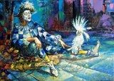 The harlequin and a white parrot  Olejne Obraz