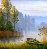 the boat on the bank of the lake, a canvas, oil  Olejne Obraz