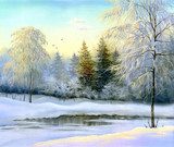 beautiful winter landscape, canvas, oil  Olejne Obraz