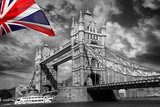 London Tower Bridge with colorful flag of England  Fototapety Czarno-Białe Fototapeta