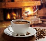 hot coffee near fireplace  Kawa Fototapeta