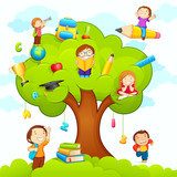 Drzewo radości - dzieci i przybory edukacyjne Fototapety do Pokoju Dziewczynki Fototapeta