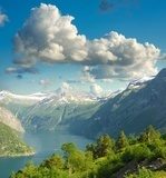 Summer landscape. Blue sky, mountains and fjord  Krajobraz Fototapeta