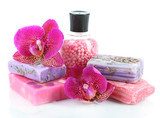 Sea salt, soap and orchid isolated on white  Obrazy do Salonu SPA Obraz