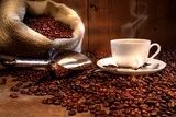 Coffee cup with burlap sack of roasted beans  Fototapety do Kawiarni Fototapeta