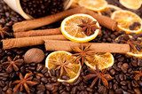 Coffee beans, cinnamon sticks and star anise  Fototapety do Kawiarni Fototapeta