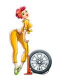 girl auto mechanic pump wheel illustration isolated on white  Pin-up Obraz