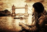Vintage Retro Picture of Girl in Front of Tower Bridge, London  Fototapety Sepia Fototapeta