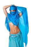 Belly dancer peeking from behind a blue veil  Fototapety do Szkoły Tańca Fototapeta