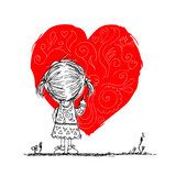 Girl draws red heart, valentine card sketch for your design  Drawn Sketch Fototapeta
