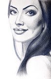 Portrait of beautiful young woman with long hair  Drawn Sketch Fototapeta