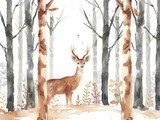 A gentle deer peeks through the forest trees at dawn, minimal watercolor style illustration isolated on white background Styl skandynawski Fototapeta