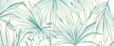 Abstract botanical art background with tropical plant leaves in white and blue with line elements.  Luxury banner with exotic plants for decoration, print, wallpaper, textile, packaging. Kwiaty Fototapeta