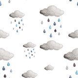 Akwarela chmury i krople deszczu. Ręcznie rysowane Tapety Do pokoju dziecka Tapeta