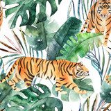 Akwarela Liście tropikalnej dżungli i tygrysa. Tapety Zwierzęta Tapeta