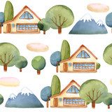 Akwarela płaski zestaw drzew, domu i błękitne góry Tapety Krajobrazy Tapeta